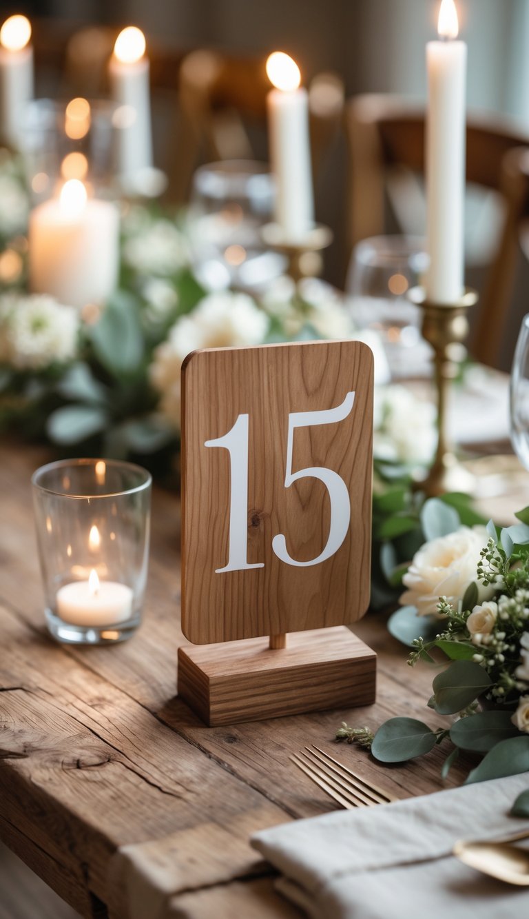 Wooden table number marker 15 on a decorated table with candles and flowers.