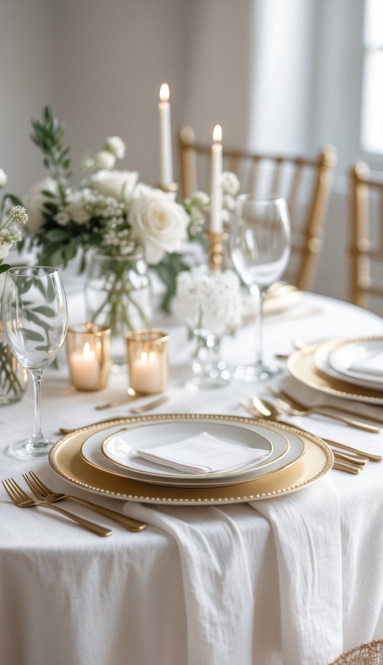 A rehearsal dinner table set with white linen and gold accents, including plates, flatware, candle holders, and floral centerpieces.