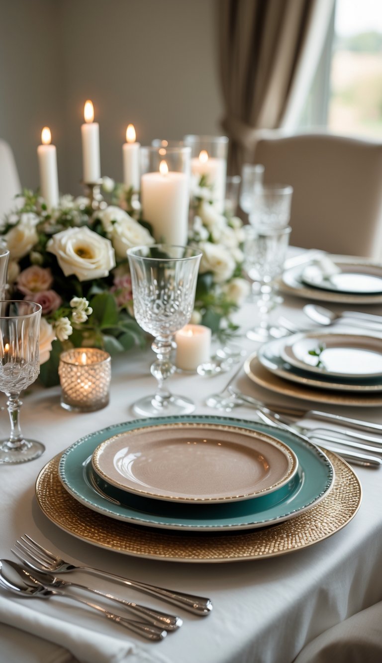 A rehearsal dinner table set with layered plates, decorative serveware, flowers, and candles.