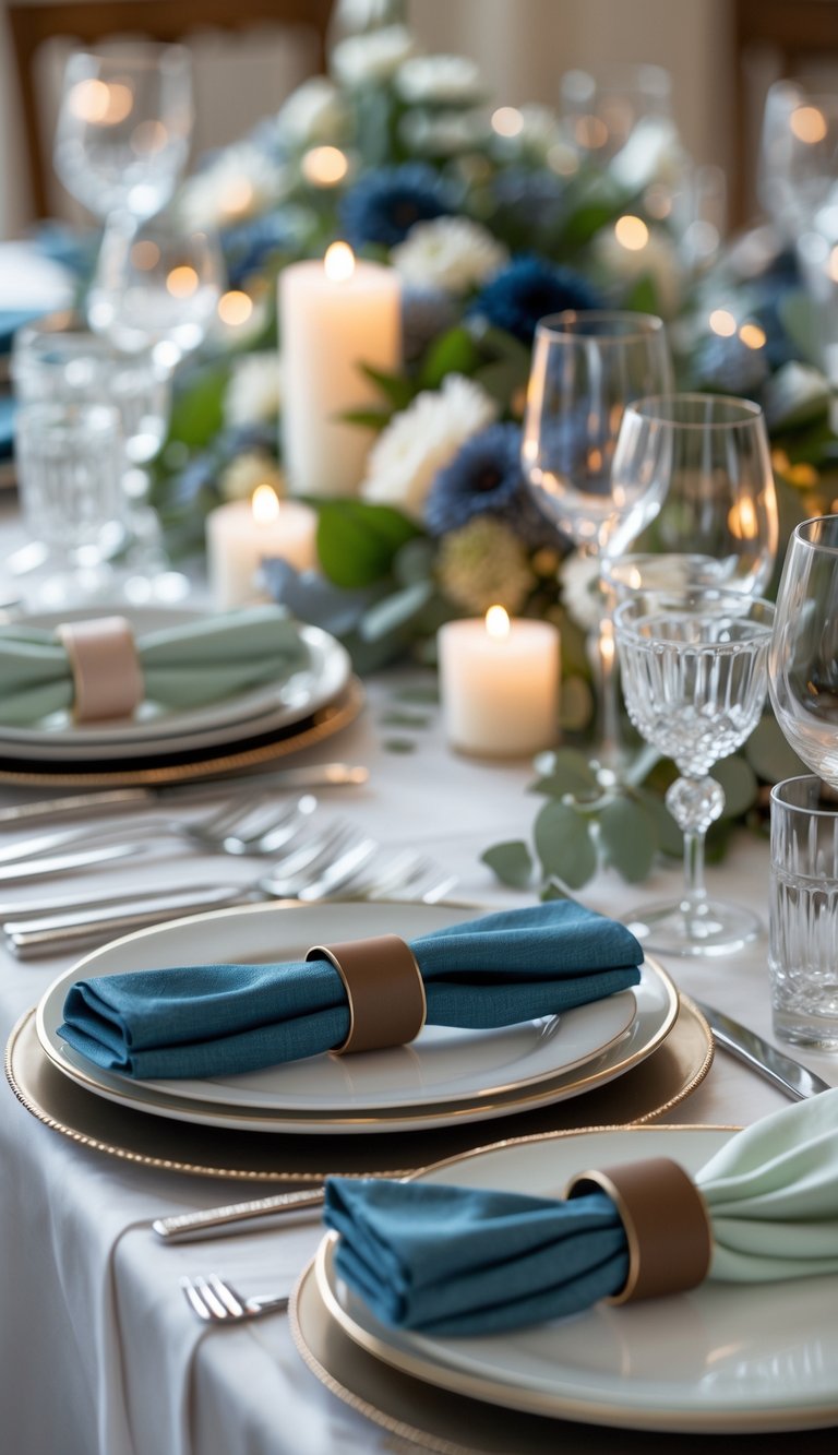 A rehearsal dinner table set with color-coordinated napkin rings, fine dishes, glassware, and floral decorations.
