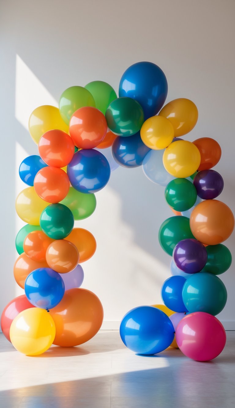 A colorful rainbow balloon arch made of 17 multi-colored balloons arranged in a smooth curve against a plain background.