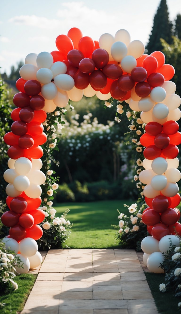 A red and white balloon arch set up outdoors as a wedding backdrop surrounded by greenery.