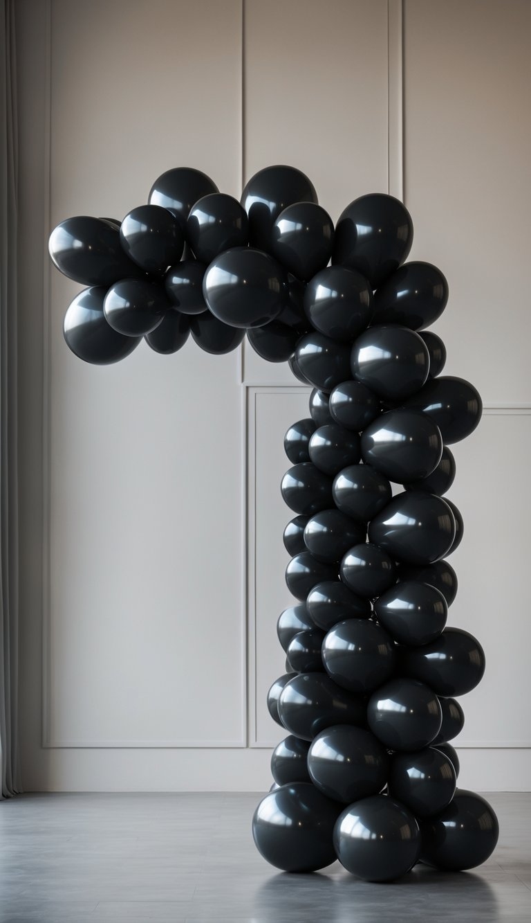 An all-black balloon arch made of 17 balloons arranged in a smooth arch shape against a plain background.