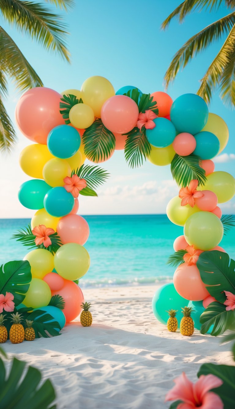 A colorful balloon arch with tropical decorations set against a beach background with palm trees and ocean.