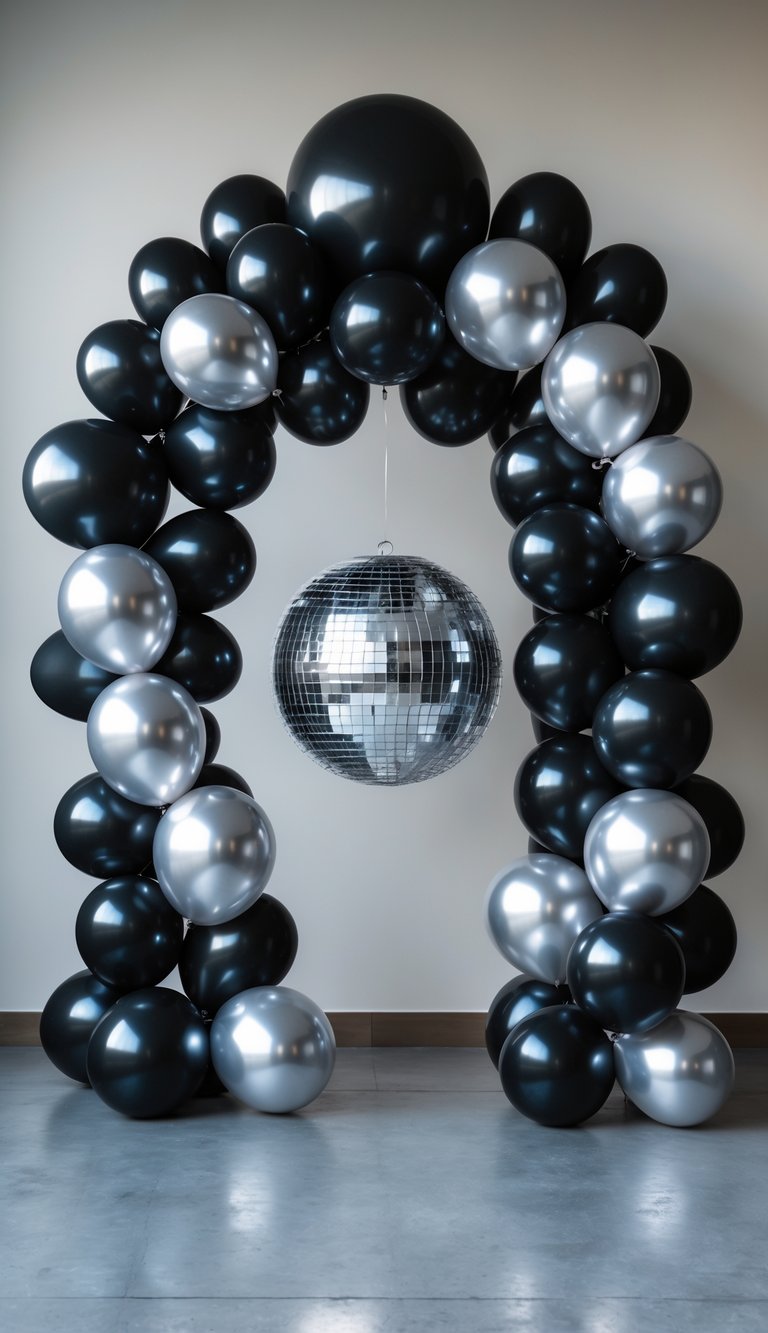 A black and silver balloon arch with a disco ball hanging in the center.