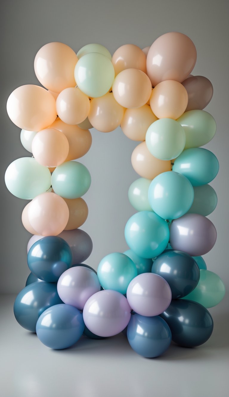 A large balloon arch made of 17 balloons arranged in a smooth gradient of colors, forming a decorative backdrop.