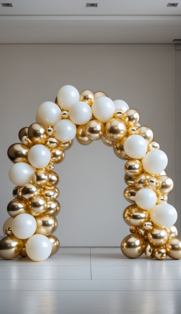 A curved balloon arch made of metallic gold and white balloons set against a plain background.