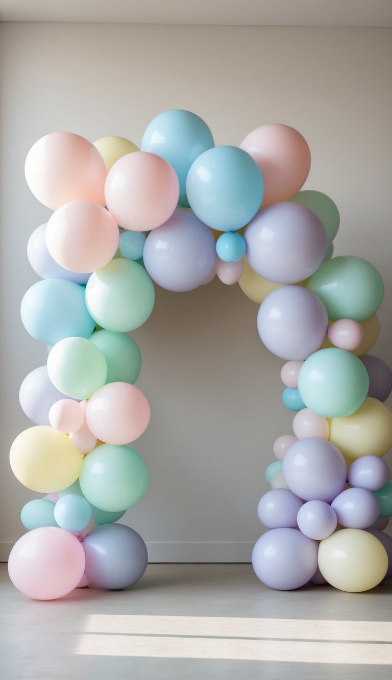 A pastel balloon arch made of 17 soft-colored balloons arranged in a semi-circle against a plain background.