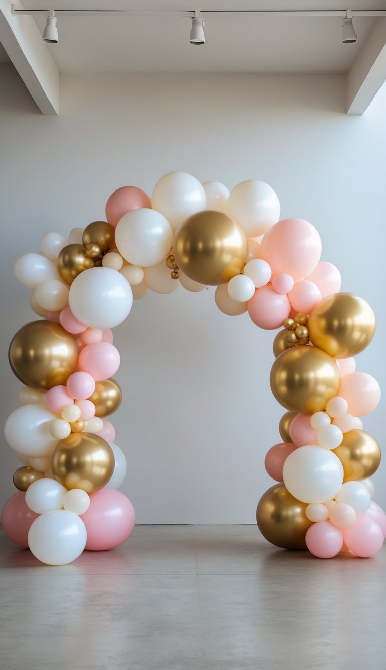 A colorful balloon arch made of large and small balloons arranged as a decorative backdrop.