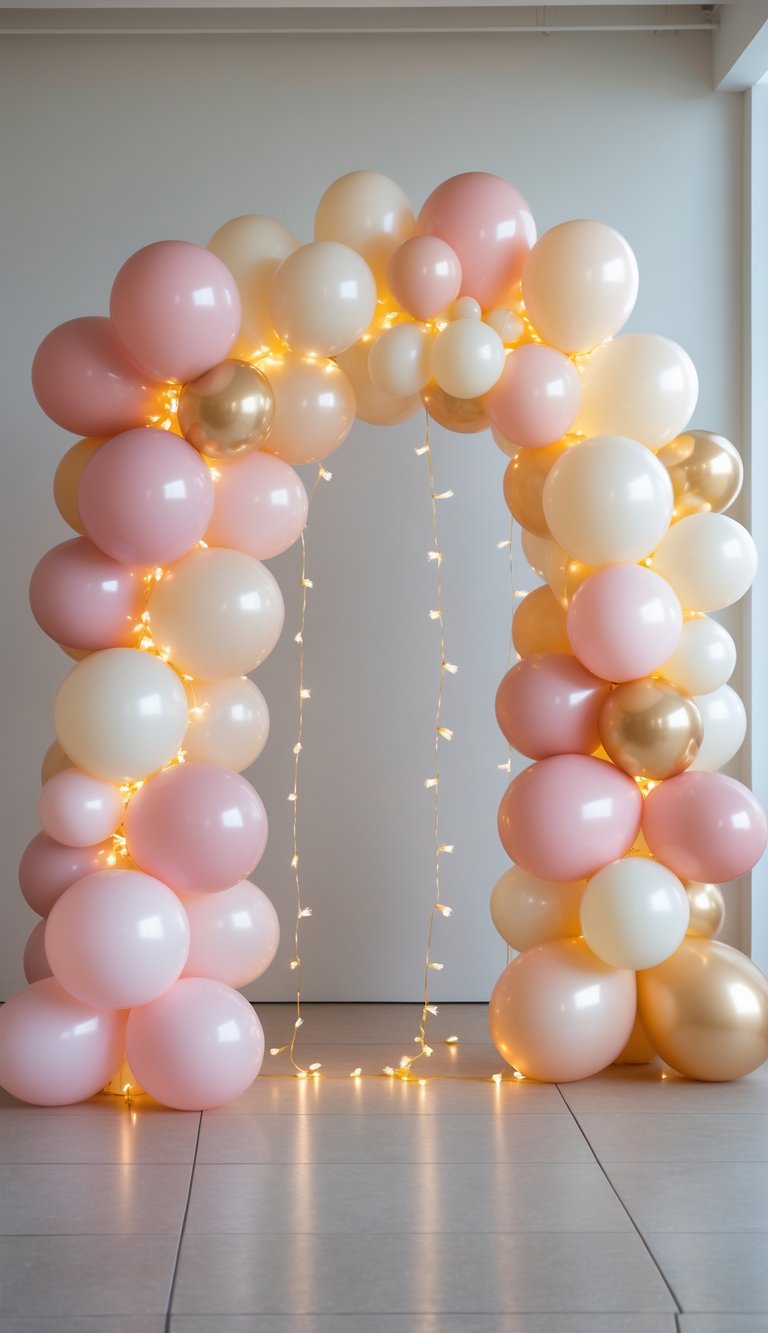 A curved balloon arch made of 17 pastel-colored balloons with warm white LED string lights woven throughout, set against a neutral indoor background.