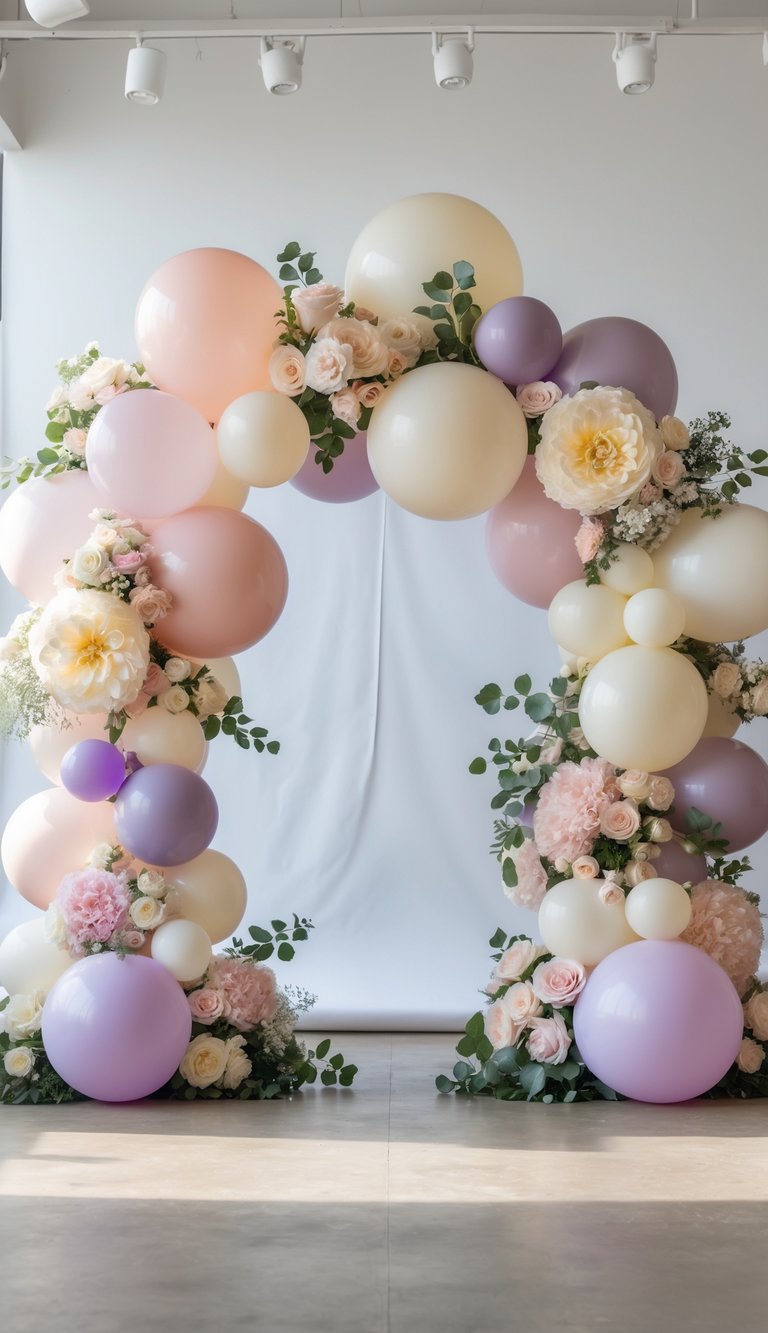 A floral balloon arch made of pastel balloons and flowers arranged as a decorative event backdrop.