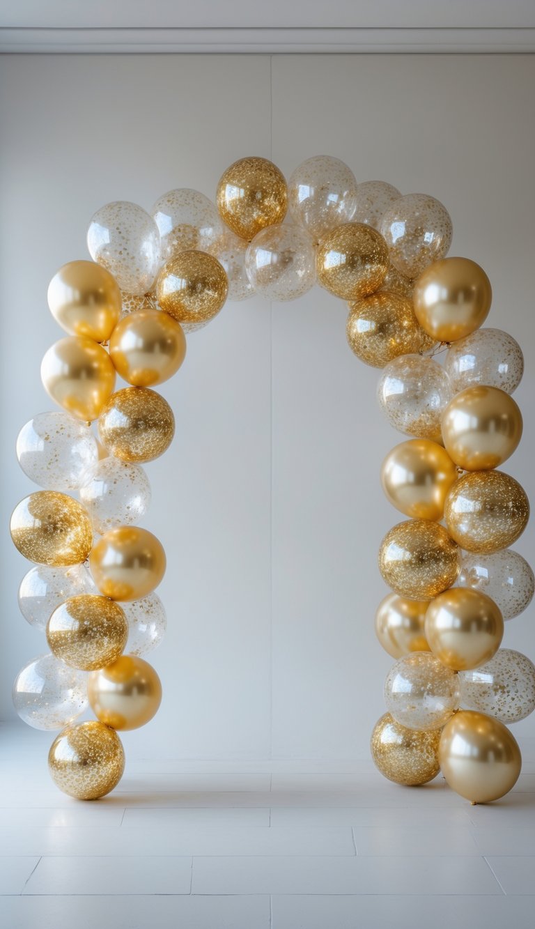 A clear balloon arch filled with gold and silver glitter forming a curved backdrop on a plain background.