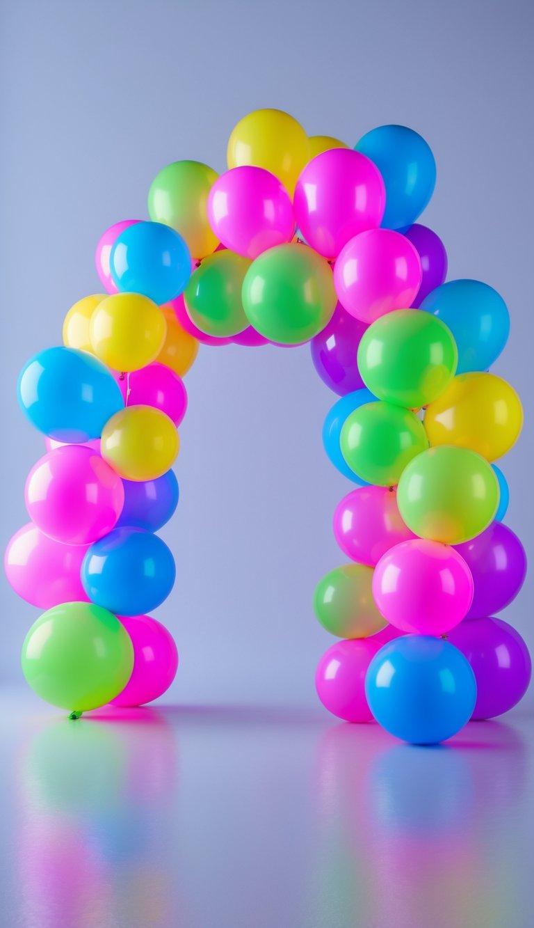 A colorful balloon arch made of 17 neon-colored balloons arranged in a curved formation with soft glowing accents.