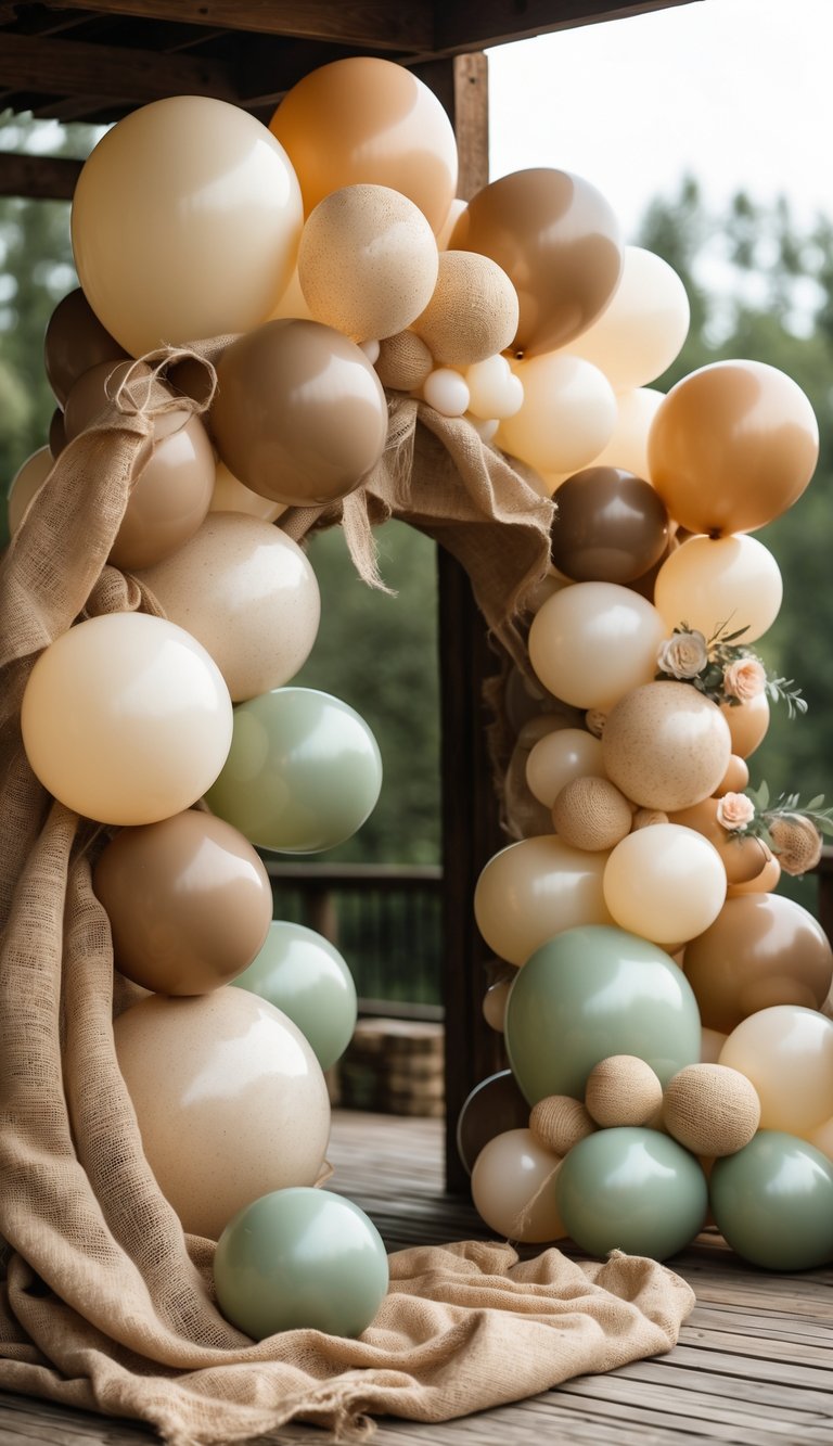 A rustic balloon arch made of beige, cream, and green balloons with burlap accents set outdoors against a natural wooden background.