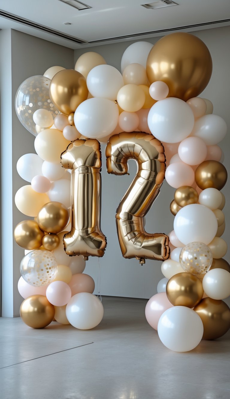A birthday balloon arch featuring gold and pastel balloons with large gold number balloons forming 17 as a backdrop in a bright indoor setting.