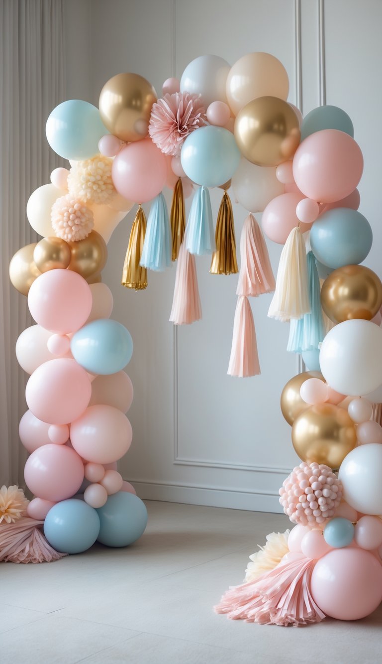 A colorful balloon arch decorated with hanging tassel garlands standing indoors as a decorative backdrop.