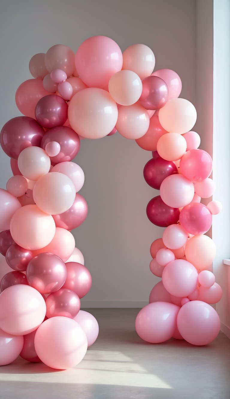 A gradient pink balloon arch with varying shades and sizes of balloons arranged as a baby shower backdrop.