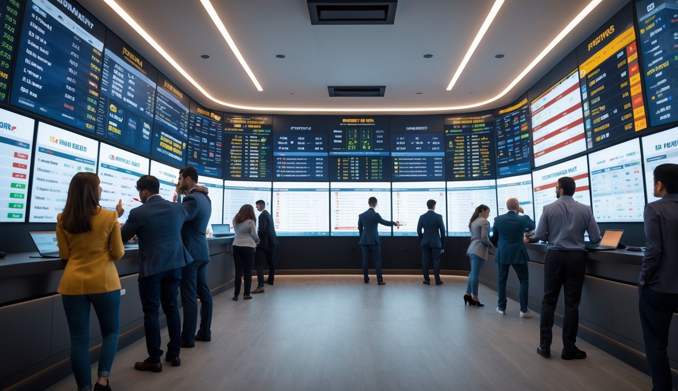 Orang-orang sedang melihat layar besar yang menampilkan berbagai pilihan taruhan bola dalam ruangan modern.