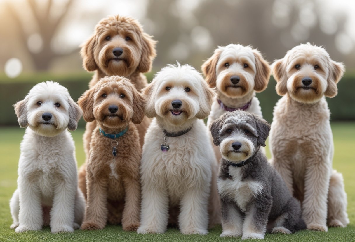 A group of different doodle dog breeds sitting and standing together outdoors in a park. A group of different doodle dog breeds sitting and standing together outdoors in a park.