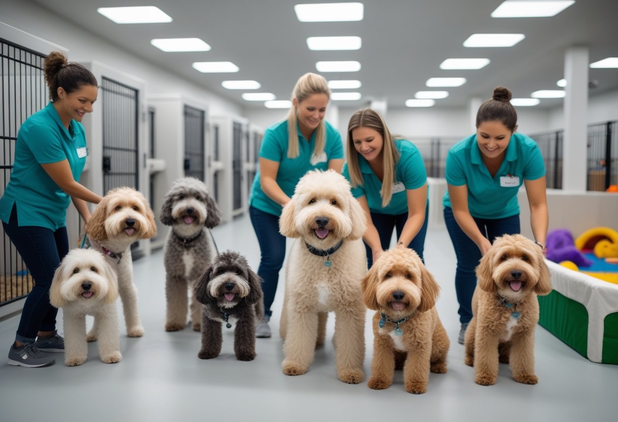 Volunteers and staff caring for doodle dogs in a clean animal shelter with kennels and play areas. Volunteers and staff caring for doodle dogs in a clean animal shelter with kennels and play areas.
