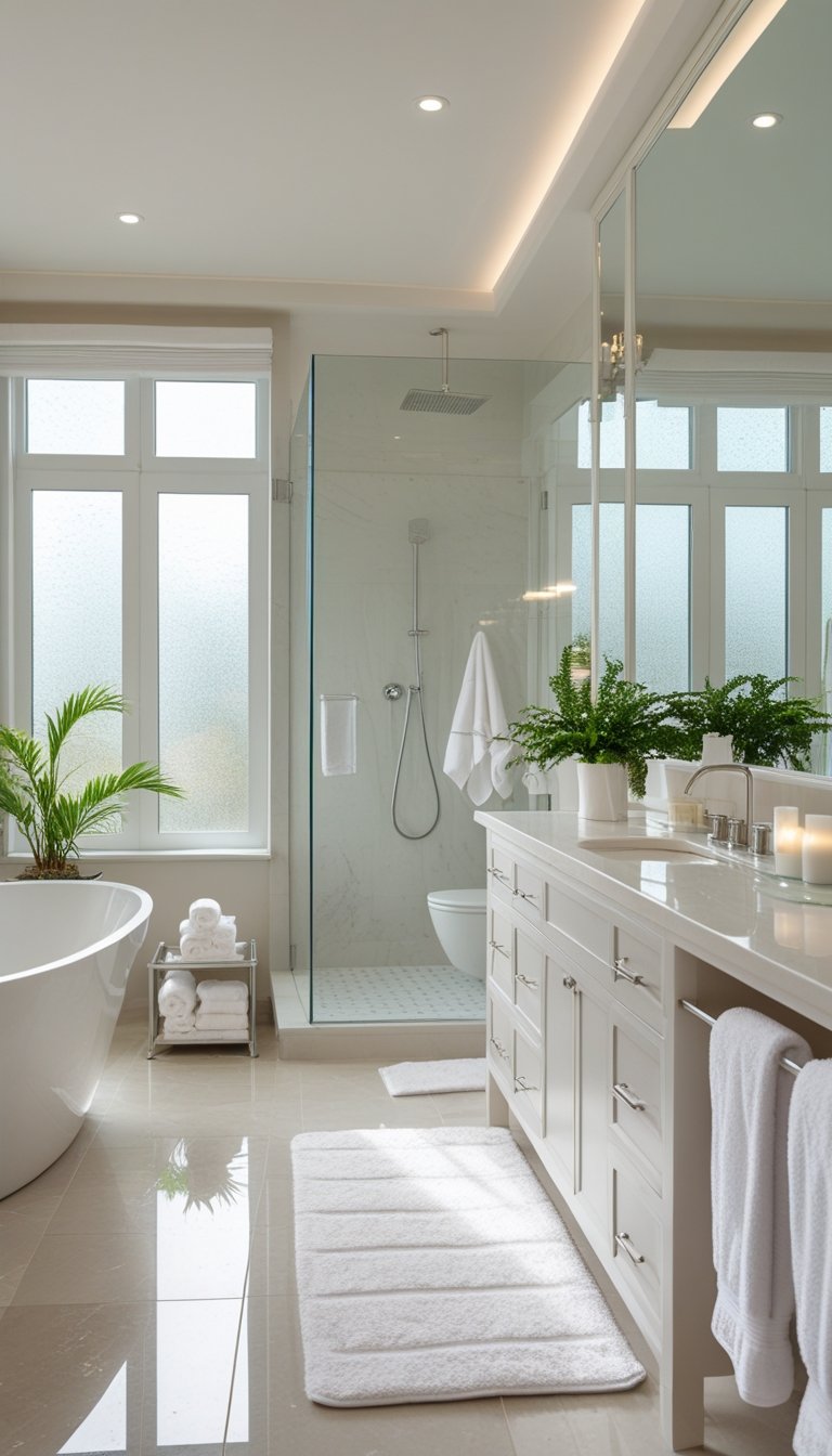 A spacious master bathroom with a freestanding bathtub, double vanity, walk-in shower, and natural light coming through windows.