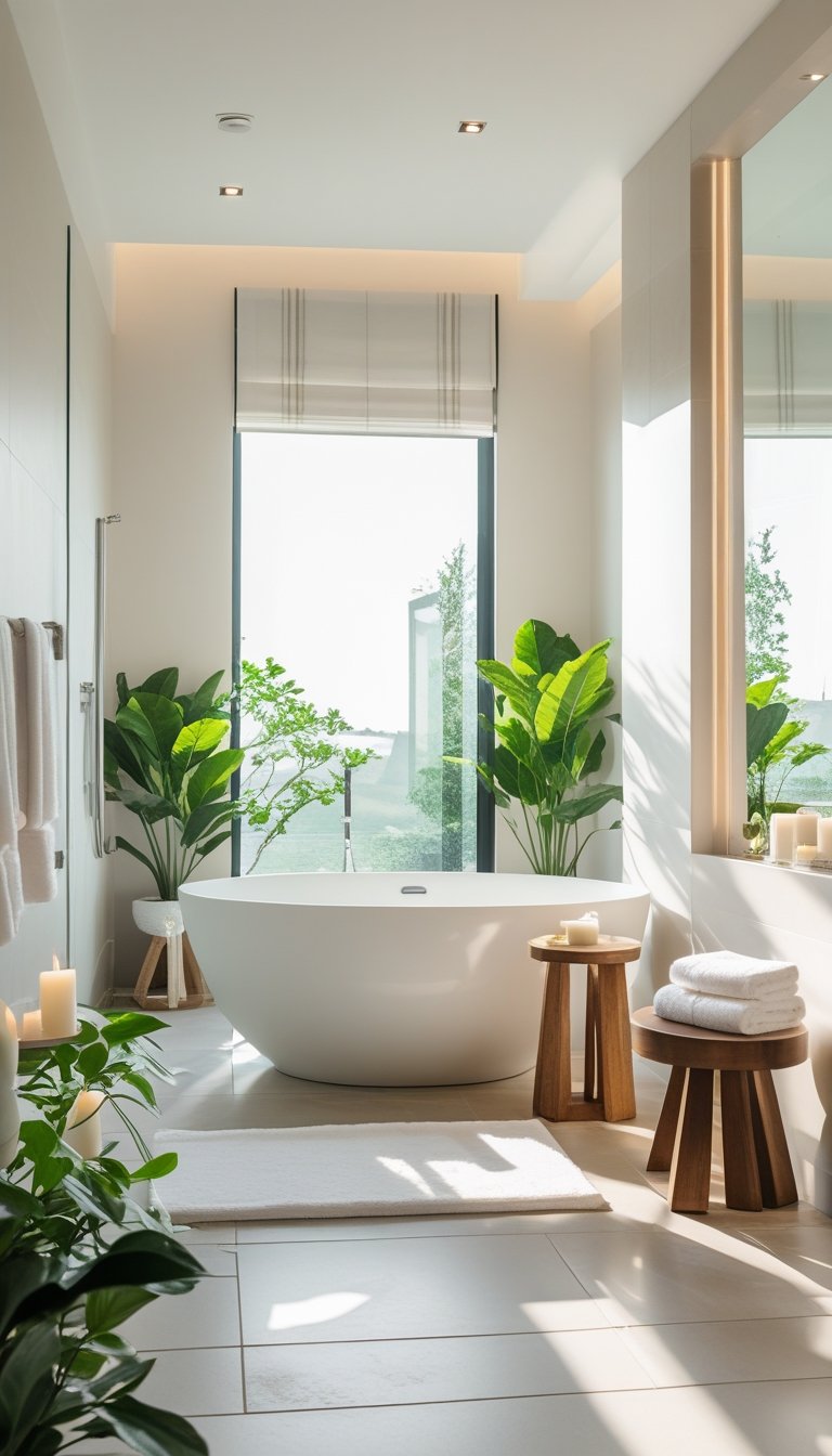 A spacious master bathroom with a freestanding soaking tub surrounded by candles, plants, and bath accessories.
