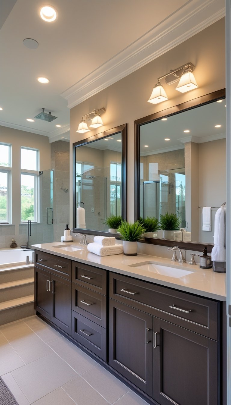 A master bathroom with a double vanity featuring two sinks, storage cabinets, large mirrors, and soft lighting.
