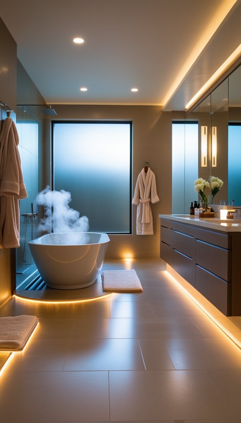 A spacious master bathroom with a freestanding bathtub, double vanity, and warm, heated floors.