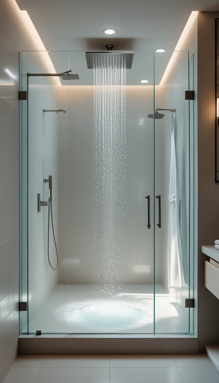 A master bathroom with a frameless glass shower and a rain showerhead with water flowing.