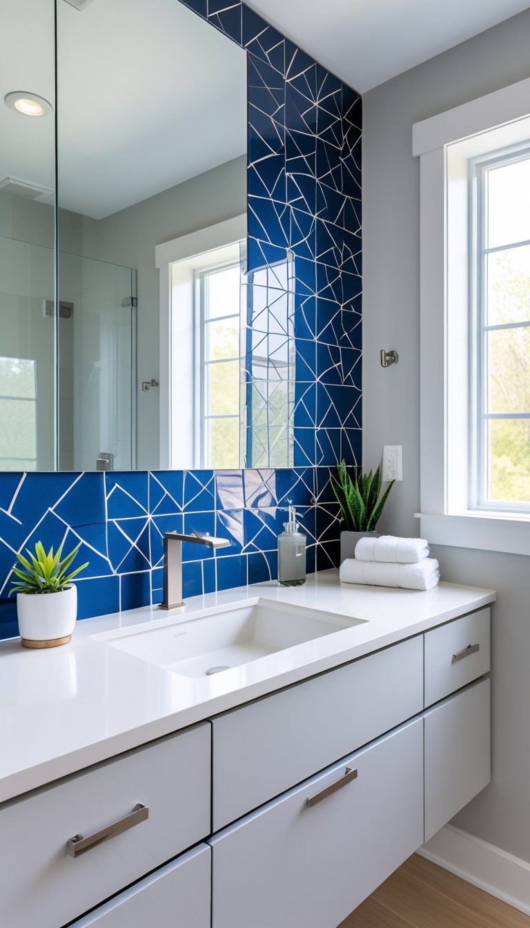 Master bathroom with a bold blue and white tile backsplash behind a white vanity with a sink and mirror.