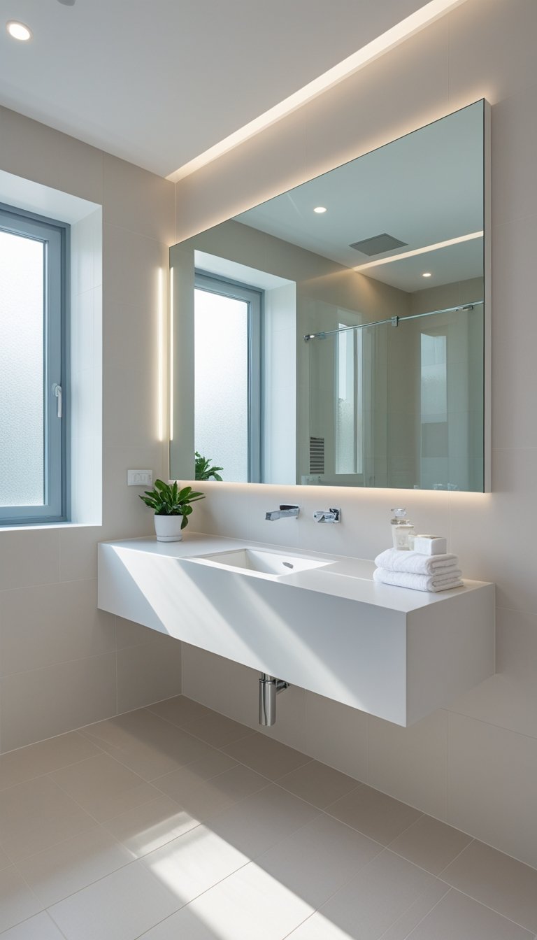 A master bathroom with a floating vanity and a large mirror above it, showing a clean and spacious interior with natural light.
