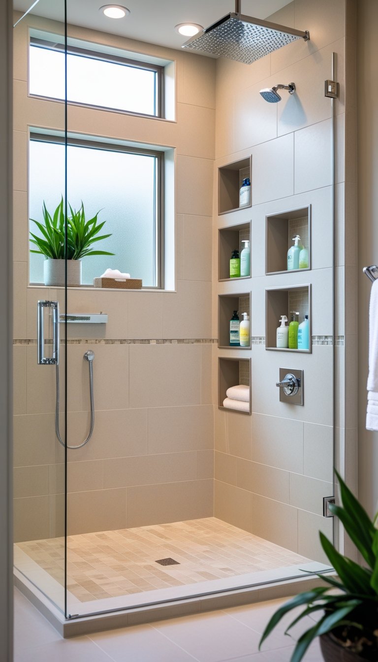 A master bathroom shower with built-in wall niches holding various shower products and a glass door.