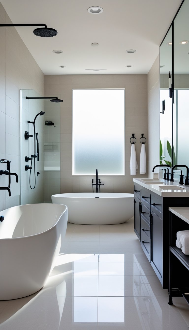 A modern master bathroom with a freestanding bathtub, double vanity, and walk-in shower, all featuring black matte fixtures.