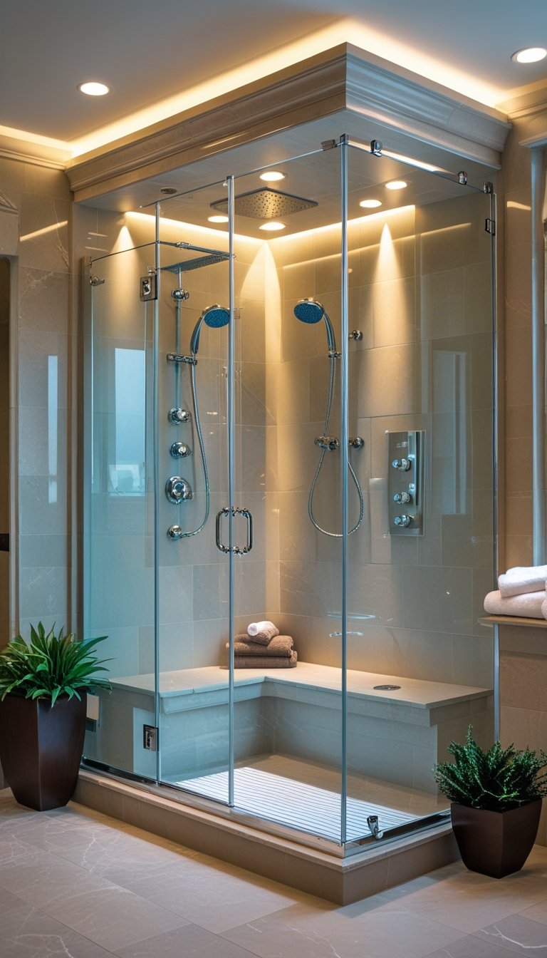 A master bathroom with a glass steam shower, built-in bench, and soft lighting creating a relaxing atmosphere.