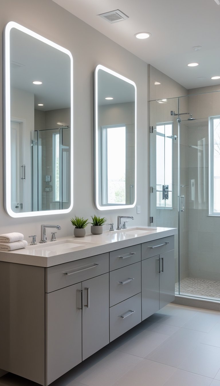 A modern master bathroom with large illuminated mirrors above a double vanity, a walk-in shower, and clean, neutral decor.
