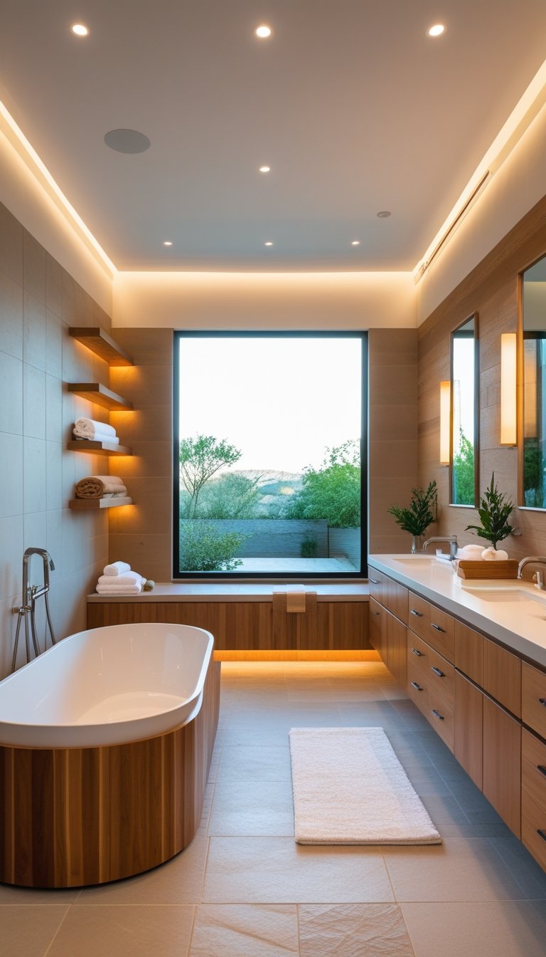 A master bathroom with a freestanding bathtub, wooden cabinetry, shelves with towels and plants, and large windows letting in natural light.