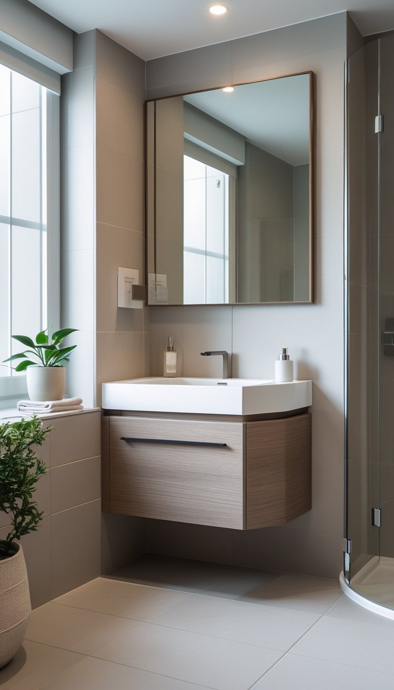 A master bathroom with a compact corner vanity, sink, mirror, and small decorative plant.