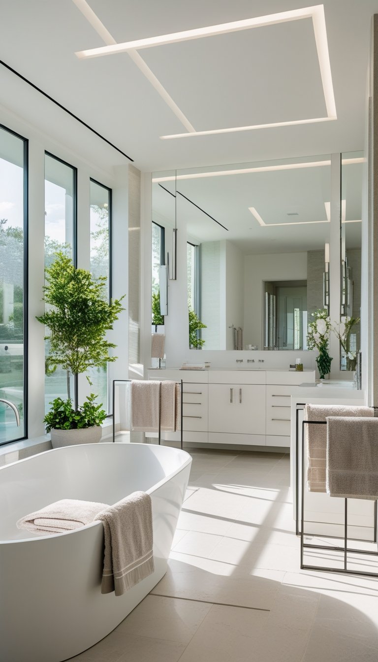 A bright master bathroom with freestanding towel racks holding neatly folded towels near a bathtub and double vanity.