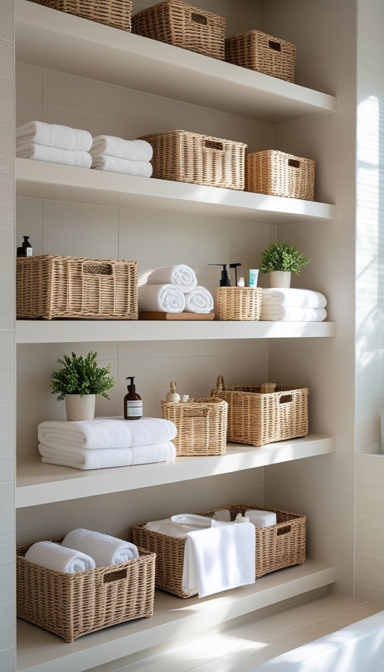 A master bathroom with open shelving holding wicker baskets filled with towels and toiletries.