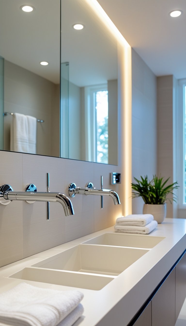 A master bathroom with wall-mounted faucets above white sinks on a light tiled wall, a large mirror, and decorative plants.