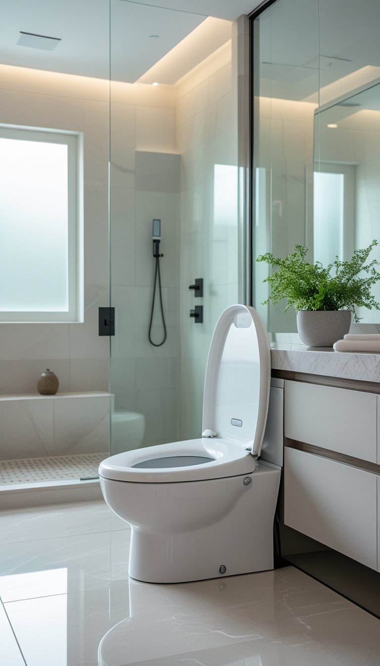 A modern master bathroom with a bidet toilet seat, a large vanity, glass shower, and natural light.