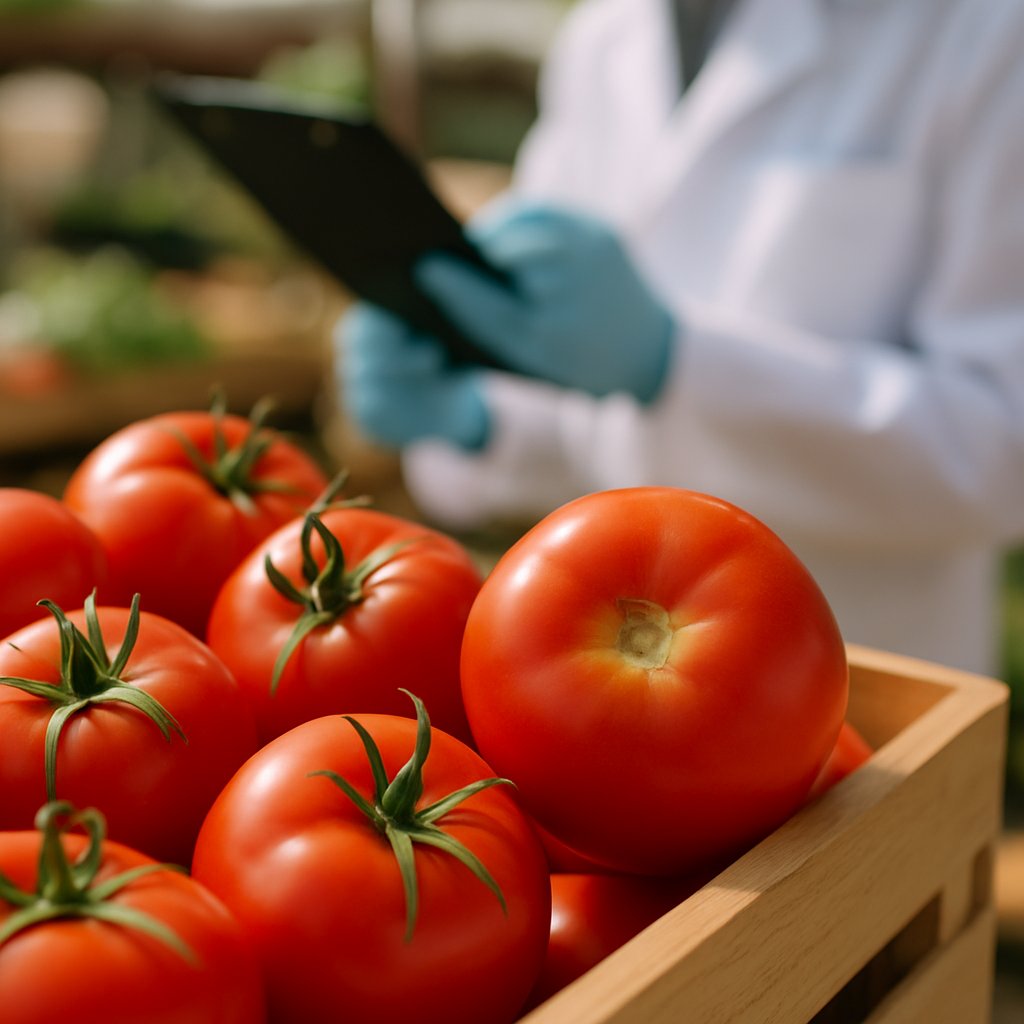 Close-up of ripe tomatoes with a small blemish on one, and a quality inspector examining produce in the background.