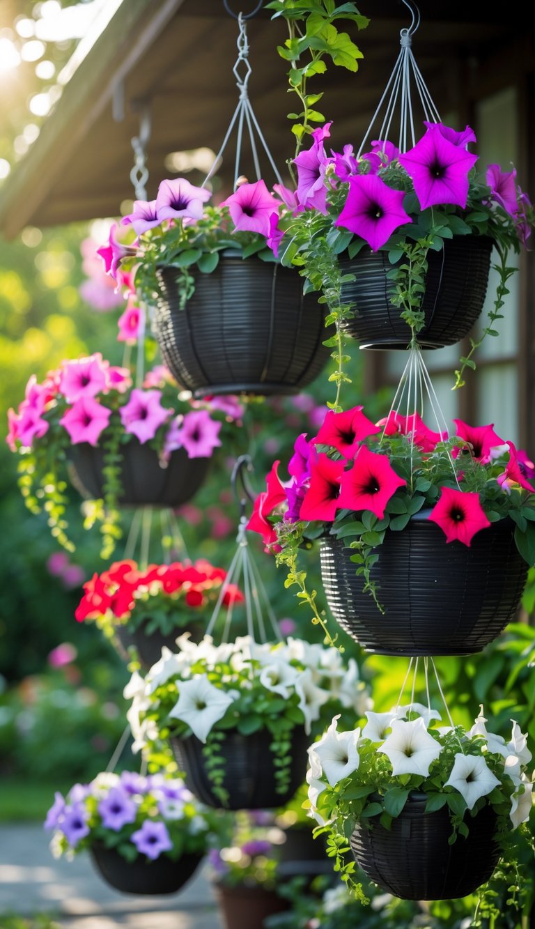 Seventeen hanging baskets filled with colorful trailing petunias arranged outdoors with green foliage in the background.