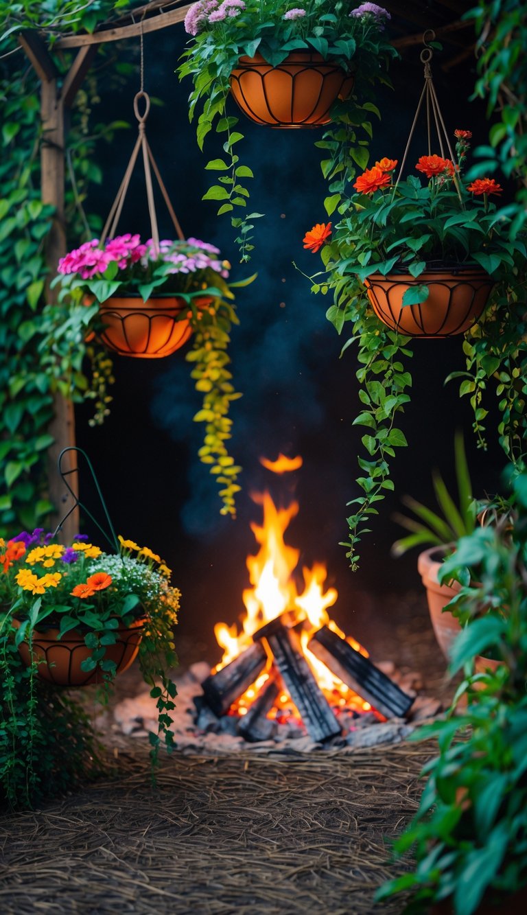 A campfire surrounded by lush green hanging baskets filled with colorful flowers and trailing plants.