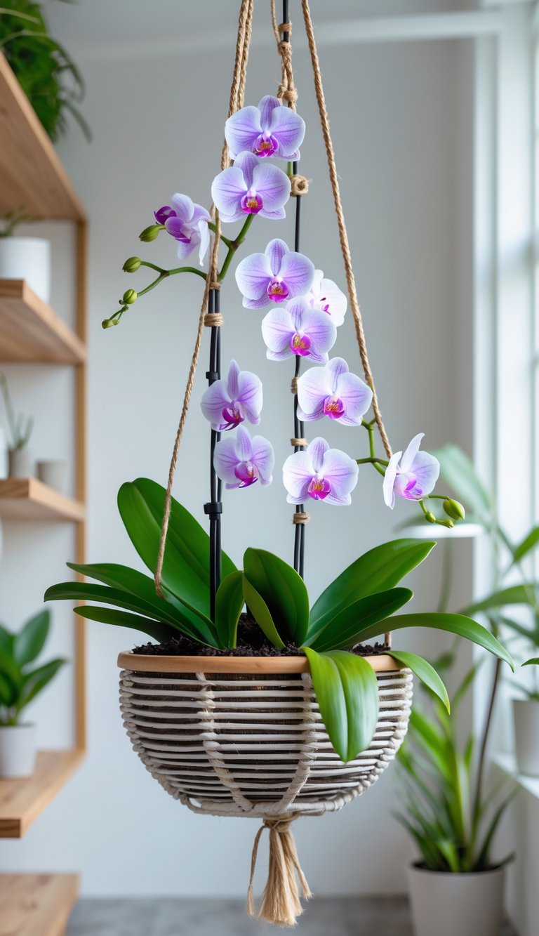 A hanging basket with a Butterfly Orchid plant featuring white and purple flowers, displayed indoors with natural light and surrounding greenery.