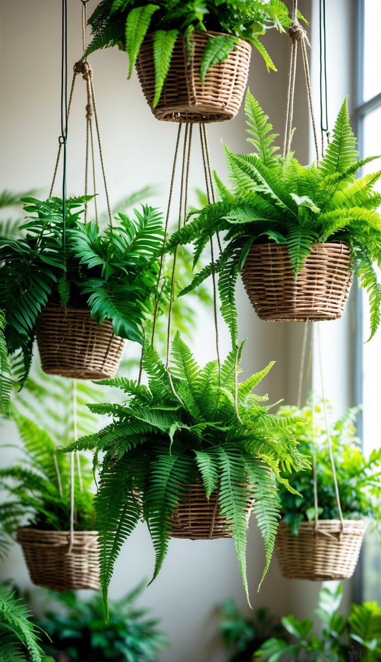 Several hanging baskets filled with green ferns displayed at different heights against a neutral background.