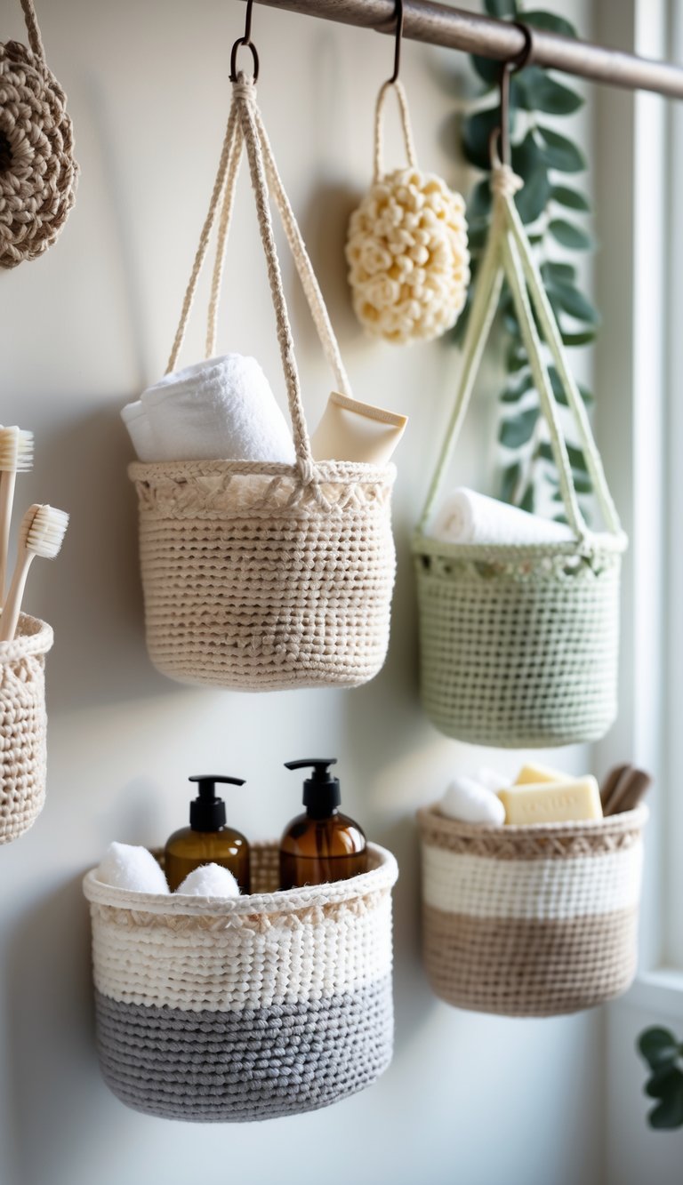 A bathroom wall with several hanging crocheted baskets holding towels and toiletries, with soft natural light and a small plant nearby.