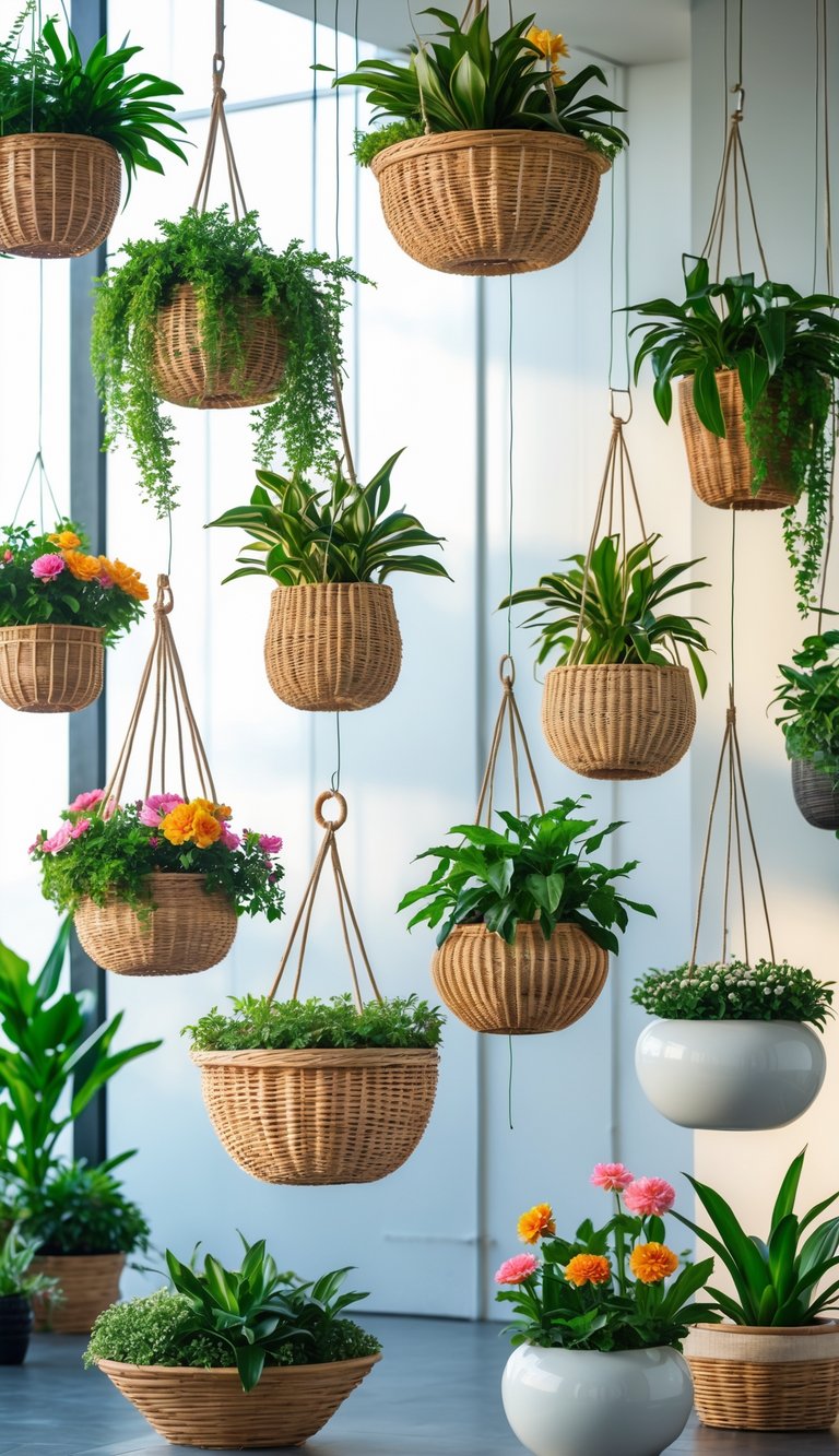 Seventeen hanging plant baskets made of wicker and ceramic pots filled with green plants and colorful flowers suspended at different heights.