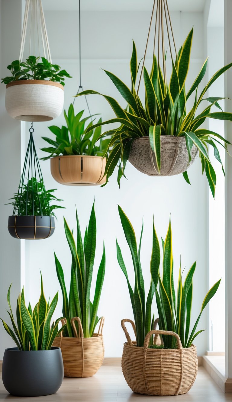 Several snake plants in hanging baskets displayed at different heights indoors with bright natural light.