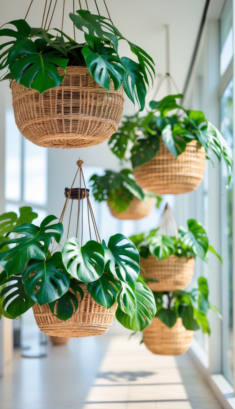 Several large hanging baskets with vibrant Monstera plants suspended indoors near windows.